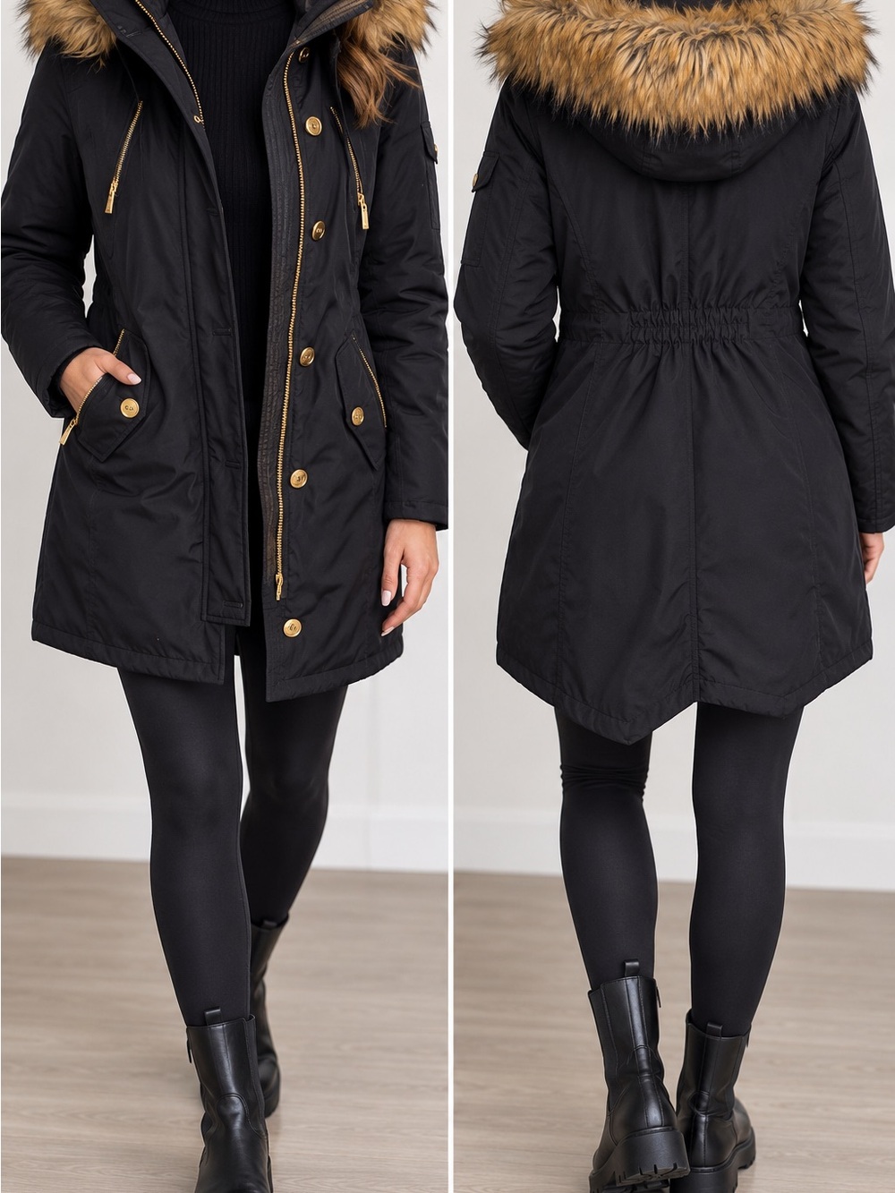 MICHAEL Michael Kors Black Down Puffer Parka Faux Fur Hood Gold Hardware M